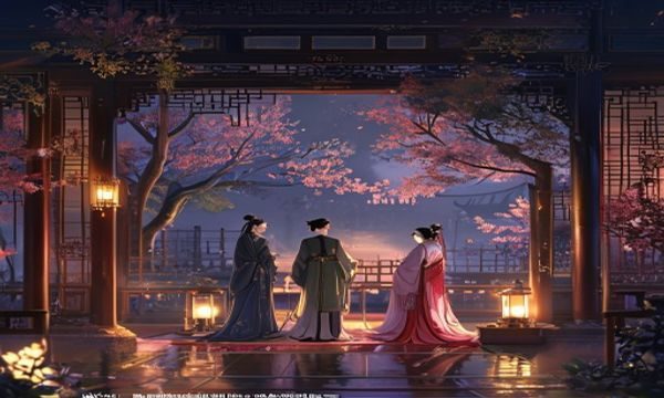 古风宫廷场景插图，宫灯摇曳，两位主角在庭院月色下相遇，画面古典唯美，高h小说古风题材封面风格