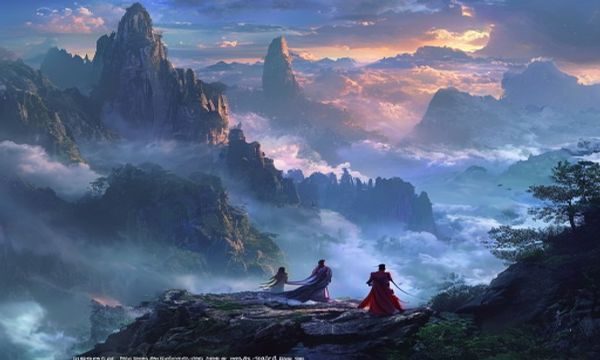 玄幻仙侠场景，云雾缭绕的仙山之巅，两位修炼者对视，玄幻高h小说封面插图